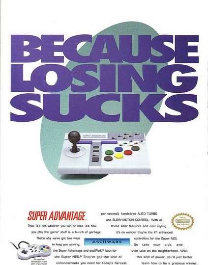 Häviäminen ottaa päähän Super Nintendo Mainos Peliohjain